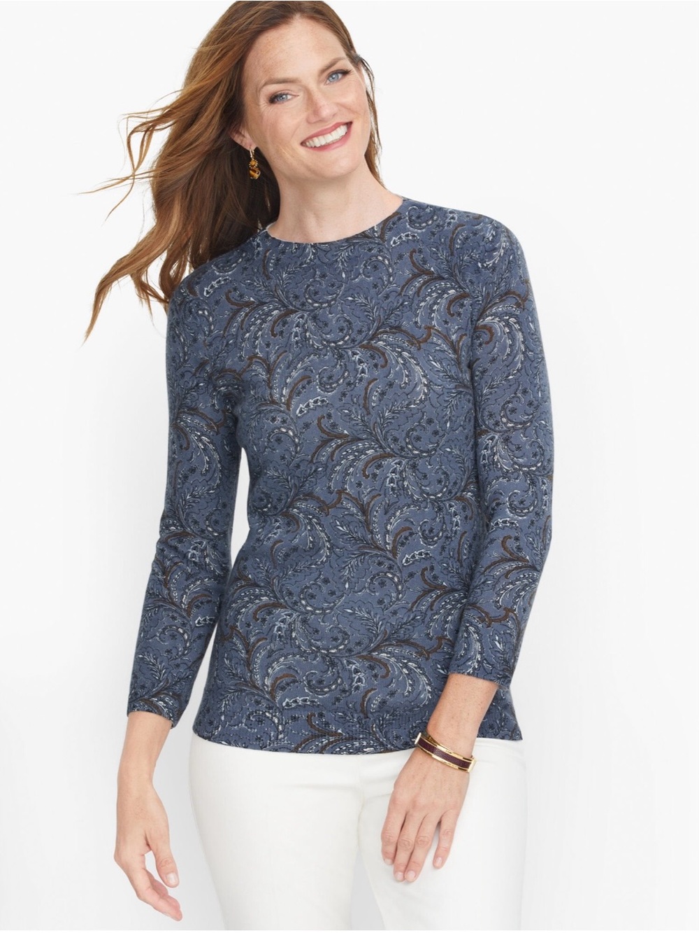 Talbots Petite 100% Cashmere Paisley Print Blue Sweater